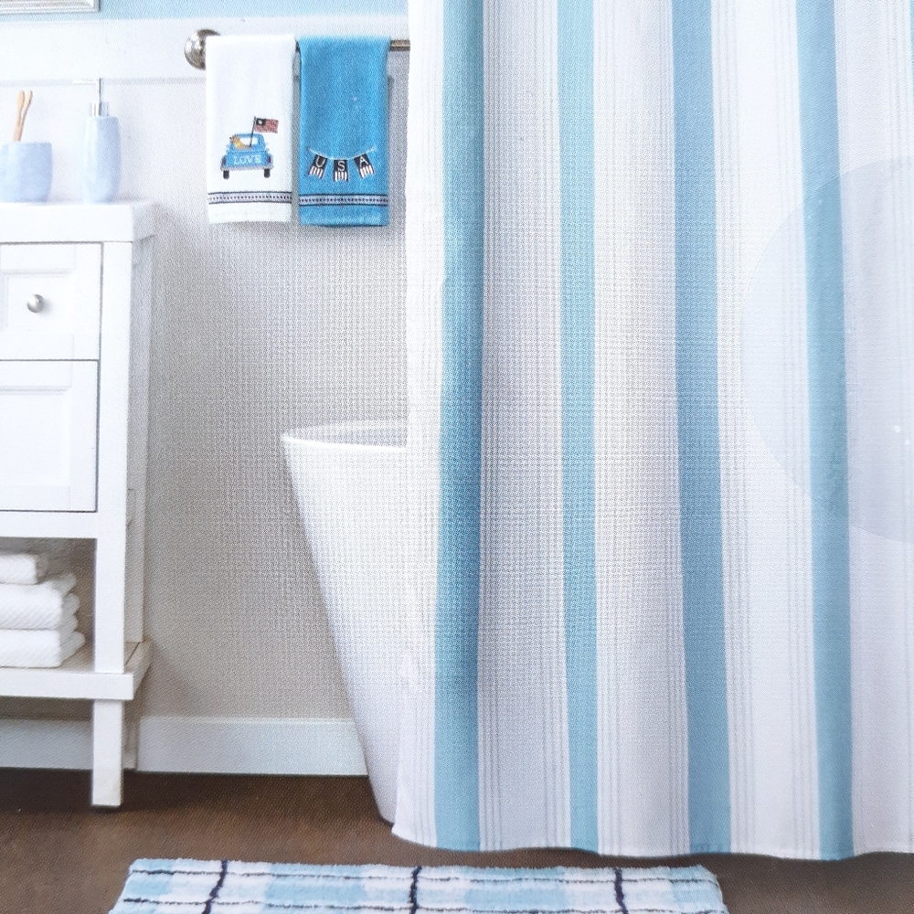 Fabric Shower Curtain Stripe Teal Gray 70x72 Lake Cabana Hooks Included